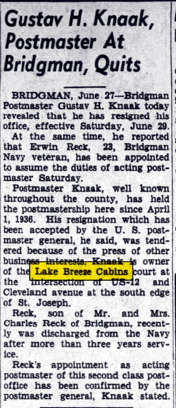 Lake Breeze Motel (Lake Breeze Cabins, Lake Breeze Cabin Court) - June 1946 Article